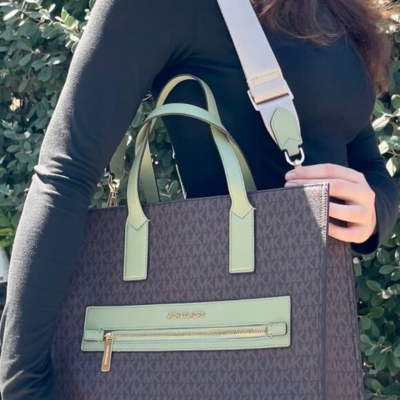 Michael Kors Large Tote Shoulder Bag Handbag Brown Green + Shoulder Strap - Picture 7 of 7